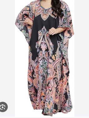 Gypsie Blu Black Pink Paisley Kaftan Mumu Kimono Boho Flowy One Size